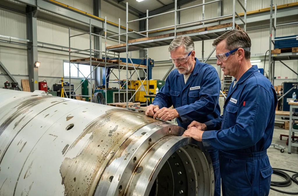 Ouvriers industriels assemblant une nacelle d'éolienne dans un atelier de fabrication spécialisé