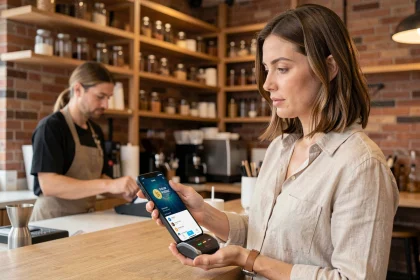 Femme effectuant un paiement en cryptomonnaie avec son smartphone dans un café moderne