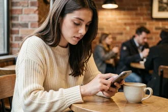 Jeune femme gérant son budget avec un paiement mobile dans un café urbain