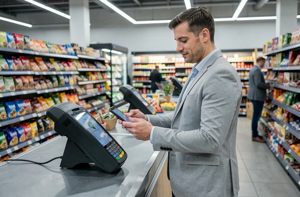Homme effectuant un paiement mobile sans contact en supermarché pour gérer ses dépenses