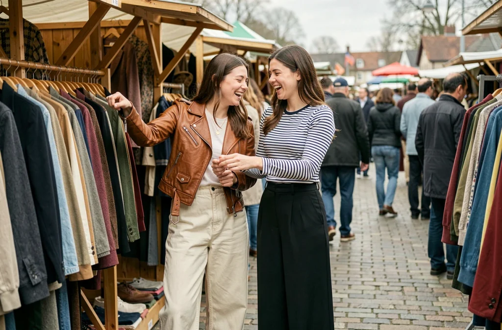 Deux amies en pantalons larges au marché vintage urbain, tendance mode street style automne