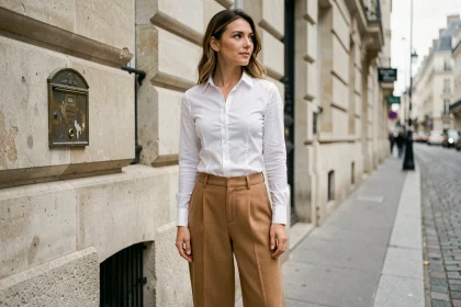 Femme parisienne portant un pantalon large camel dans une rue pavée, style urbain chic et décontracté
