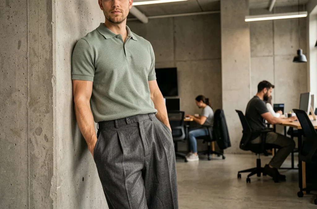 Homme en pantalon large lin anthracite dans un espace de coworking moderne, tendance mode urbaine masculine