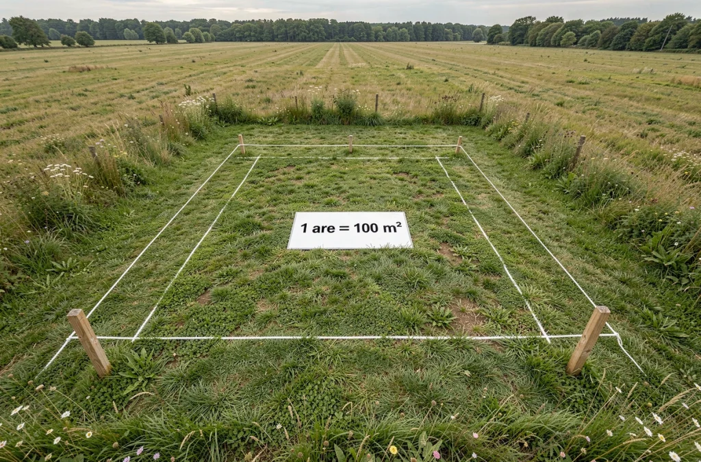 Vue aérienne d'une parcelle de 100 mètres carrés délimitée au sol illustrant la définition d'un are
