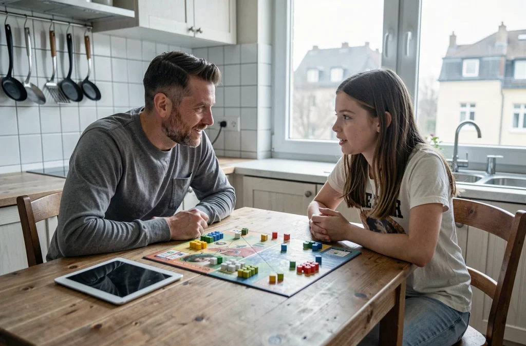 Un père et sa fille adolescente choisissent un jeu de société plutôt qu'une tablette, symbolisant la recherche d'équilibre entre numérique et moments partagés en famille