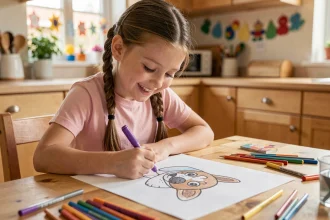 Petite fille dessinant le personnage de Stella de Pat Patrouille à une table de cuisine en bois avec des marqueurs colorés