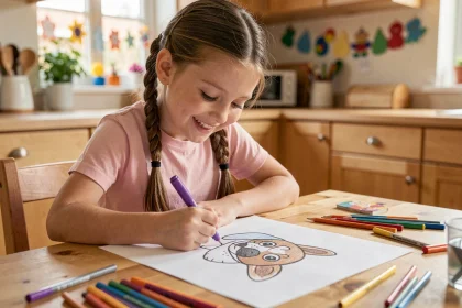 Petite fille dessinant le personnage de Stella de Pat Patrouille à une table de cuisine en bois avec des marqueurs colorés