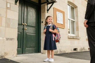 Petite fille de 6 ans avec un grand sac à dos devant l'entrée d'une école primaire lors de la première rentrée scolaire