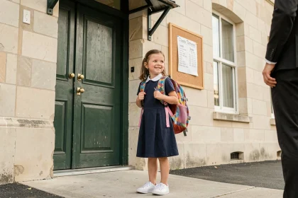 Petite fille de 6 ans avec un grand sac à dos devant l'entrée d'une école primaire lors de la première rentrée scolaire
