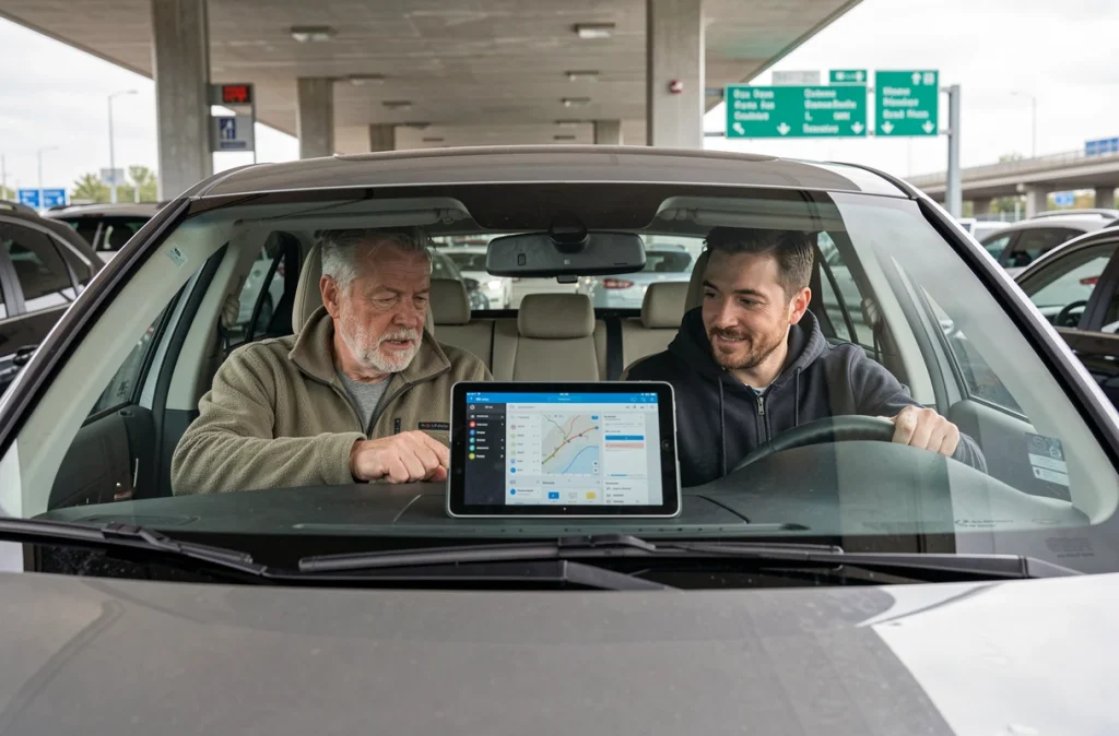 Deux hommes adultes planifiant ensemble un itinéraire de covoiturage sur une tablette lors d'une pause sur l'autoroute