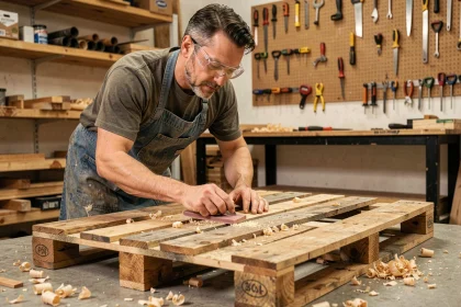 Homme en atelier ponçant une palette en bois récupérée pour fabriquer un meuble DIY
