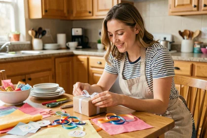 Mère préparant des décorations d'anniversaire artisanales dans une cuisine familiale chaleureuse