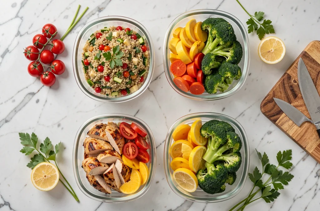 Préparation de repas équilibrés pour la semaine en famille avec des contenants de légumes et protéines