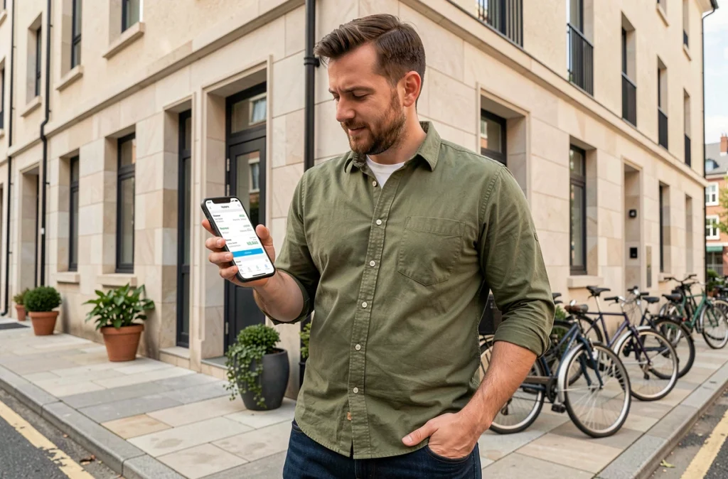 Propriétaire bailleur consultant une application de gestion locative sur smartphone devant son immeuble rénové