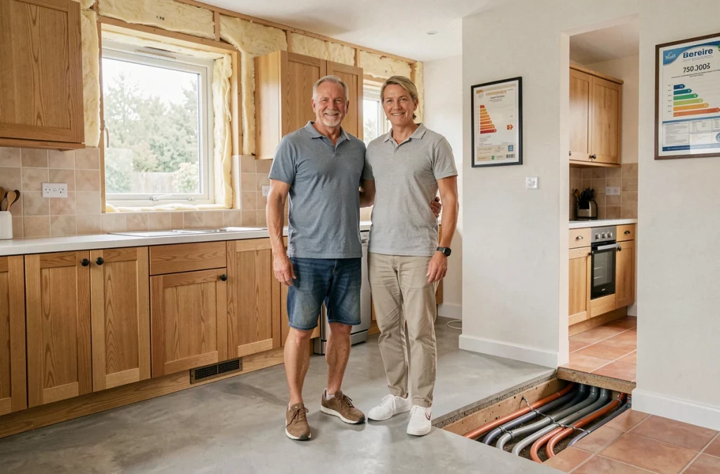 Couple de propriétaires dans une maison rénovée énergétiquement avec isolation renforcée, plancher chauffant et certificat de performance affiché