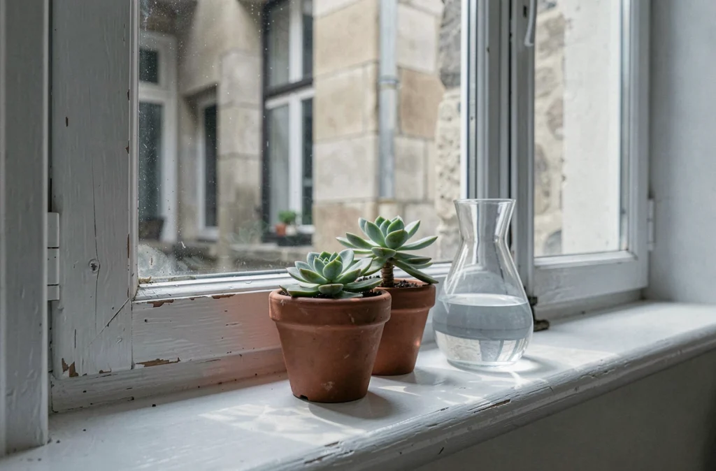 Rebord de fenêtre avec succulentes et vase en verre dans un appartement parisien pour optimiser la lumière naturelle