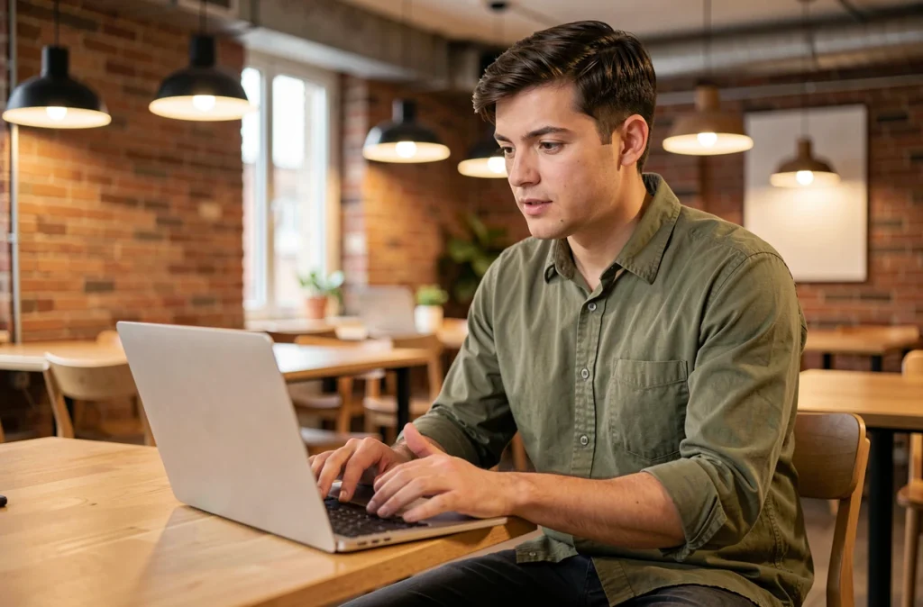 Recruteur conduisant un entretien vidéo sur ordinateur portable dans un espace de coworking, symbolisant l'évolution des méthodes de recrutement à distance