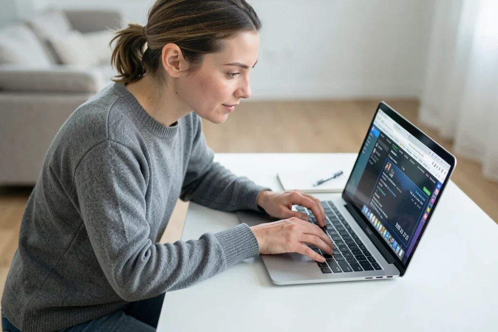 Femme ajustant les paramètres de son navigateur sur un laptop pour améliorer ses performances de jeu en ligne