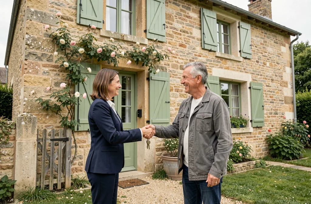 Agent immobilier remettant les clés d'un cottage en pierre rénové à un acheteur souriant lors de l'acquisition d'une résidence secondaire à la campagne en France