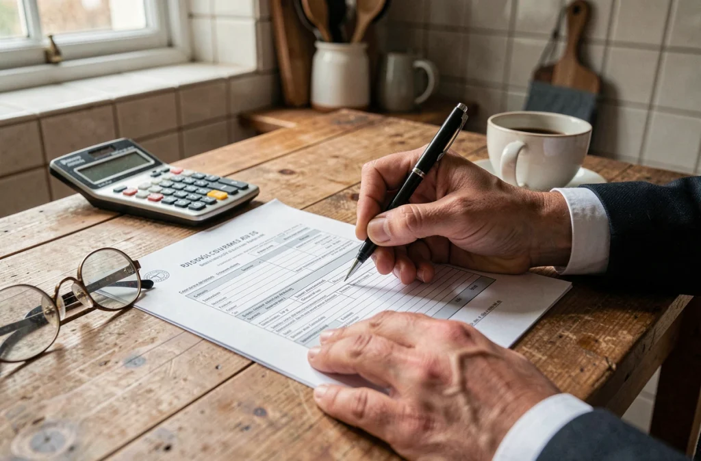 Des mains remplissant un formulaire de déclaration fiscale française à une table de cuisine avec calculatrice et café