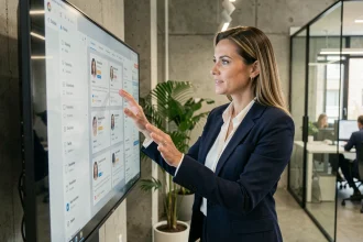 Responsable RH analysant des profils de candidats sur un écran tactile dans un bureau moderne, illustrant les nouvelles stratégies de recrutement numérique