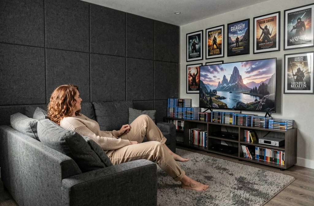 Femme dans une salle cinéma maison entourée de boîtiers Blu-ray de films fantastiques, hésitant sur l'ordre de visionnage du Hobbit