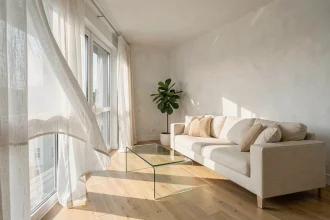 Séjour Scandinave lumineux avec rideaux en lin blanc et parquet en chêne clair optimisant la lumière naturelle