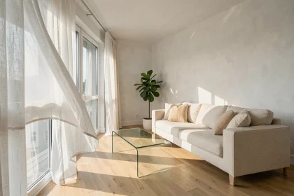 Séjour Scandinave lumineux avec rideaux en lin blanc et parquet en chêne clair optimisant la lumière naturelle