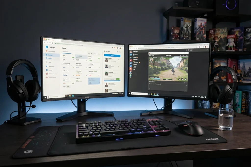 Bureau gaming double écran avec navigateur optimisé et extensions de performance visibles pour des sessions de jeu prolongées