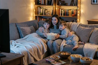 Famille réunie sur un canapé avec couvertures et popcorn pour une soirée cinéma à la maison