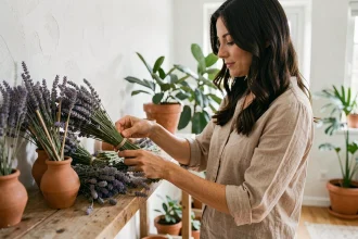 Femme arrangeant des bouquets de lavande séchée et des diffuseurs en argile sur une étagère en bois dans un intérieur scandinave naturel