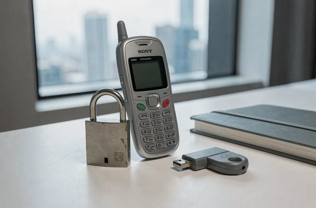 Téléphone Sony Ericsson vintage avec cadenas et bloqueur de données USB sur bureau d'hôtel, sécurité voyage numérique