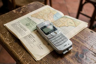Ancien téléphone Sony Ericsson posé sur un passeport et une carte de voyage en papier, téléphone de voyage sécurisé