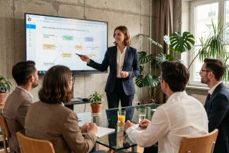 Fondatrice d'une start-up française présentant son projet à des investisseurs internationaux dans un bureau moderne parisien