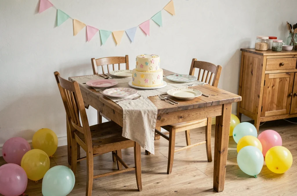 Table d'anniversaire d'enfant joliment décorée avec gâteau maison et guirlandes en papier