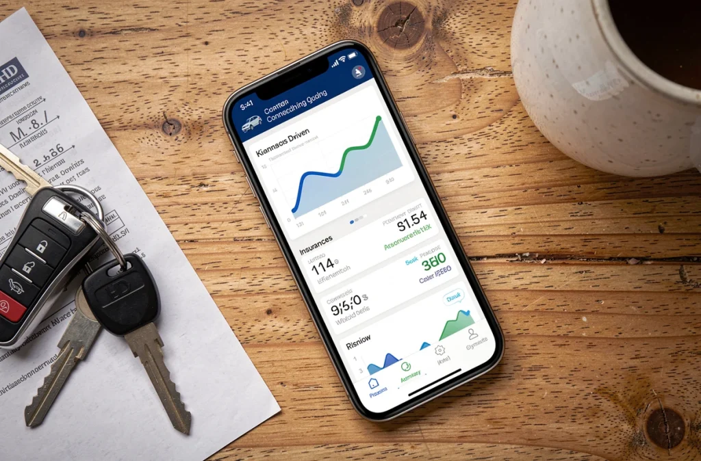 Vue aérienne d'un smartphone affichant un tableau de bord d'assurance auto connectée avec statistiques de conduite, posé sur un bureau en bois à côté de clés de voiture