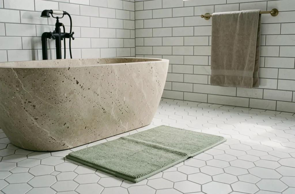 Petit tapis de bain en coton vert sauge devant une baignoire îlot dans une salle de bain minimaliste
