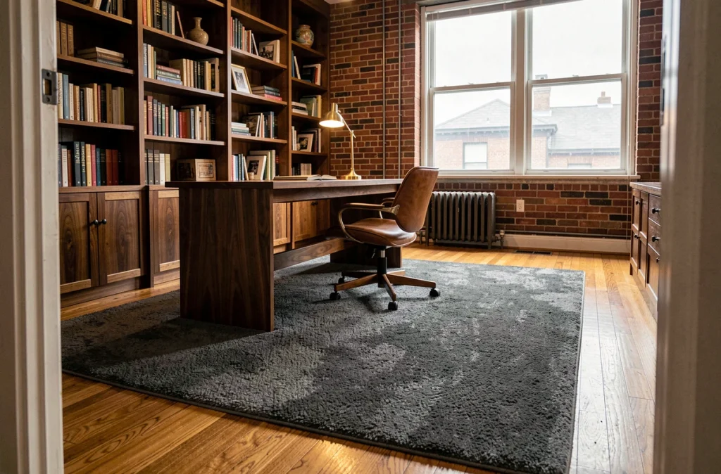 Tapis Berbère gris anthracite sous un bureau en noyer dans un bureau à domicile avec briques apparentes