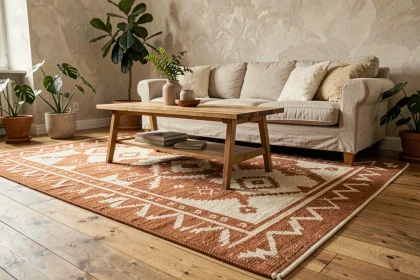 Grand tapis en laine tissé à motifs géométriques terracotta dans un salon scandinave avec parquet en chêne