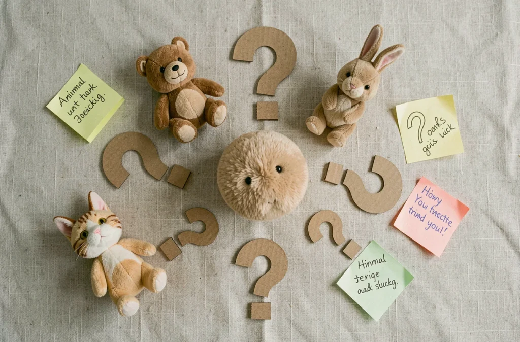 Flat lay de peluches animales variées entourant une créature ronde non identifiée avec des points d'interrogation en carton, comparaison visuelle d'espèces animales