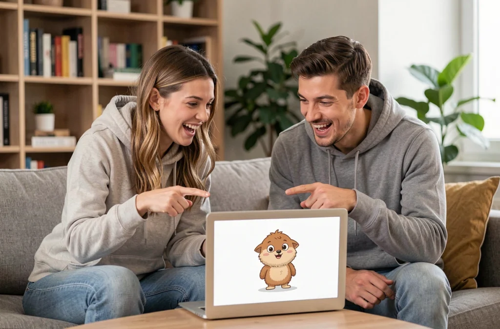 Deux jeunes adultes débattent avec amusement de l'espèce animale d'un personnage de dessin animé sur un écran d'ordinateur portable