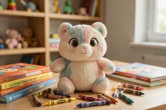 Peluche créature floue et ronde ressemblant à un animal indéfini, posée sur un bureau en bois entouré de livres pour enfants colorés