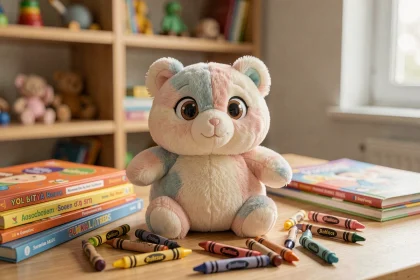 Peluche créature floue et ronde ressemblant à un animal indéfini, posée sur un bureau en bois entouré de livres pour enfants colorés