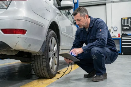 Technicien automobile effectuant un contrôle technique sur une berline dans un centre d'inspection agréé en 2024