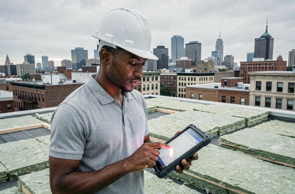 Technicien supervisant un chantier de rénovation énergétique sur un toit en milieu urbain avec une tablette numérique