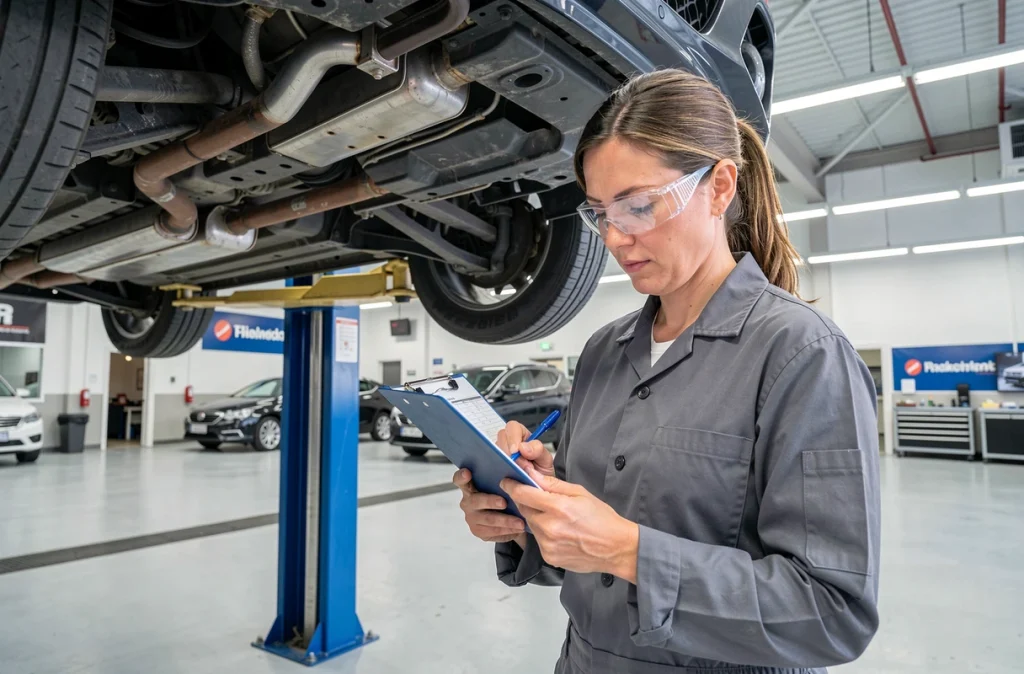 Technicienne automobile vérifiant la liste d'entretien lors d'une révision complète du véhicule sur pont élévateur