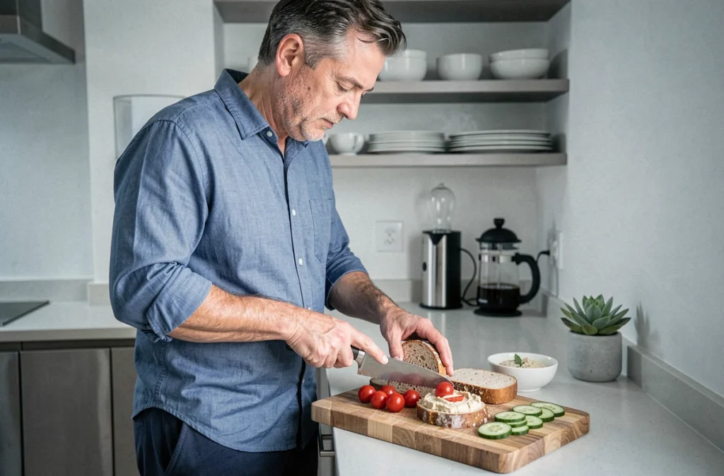 Homme en télétravail préparant un déjeuner rapide et équilibré dans sa cuisine