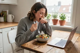 Femme en télétravail mangeant un repas sain fait maison à son bureau à domicile