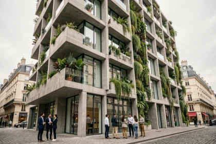 Façade d'un immeuble contemporain avec terrasses végétalisées et béton apparent dans un quartier urbain européen