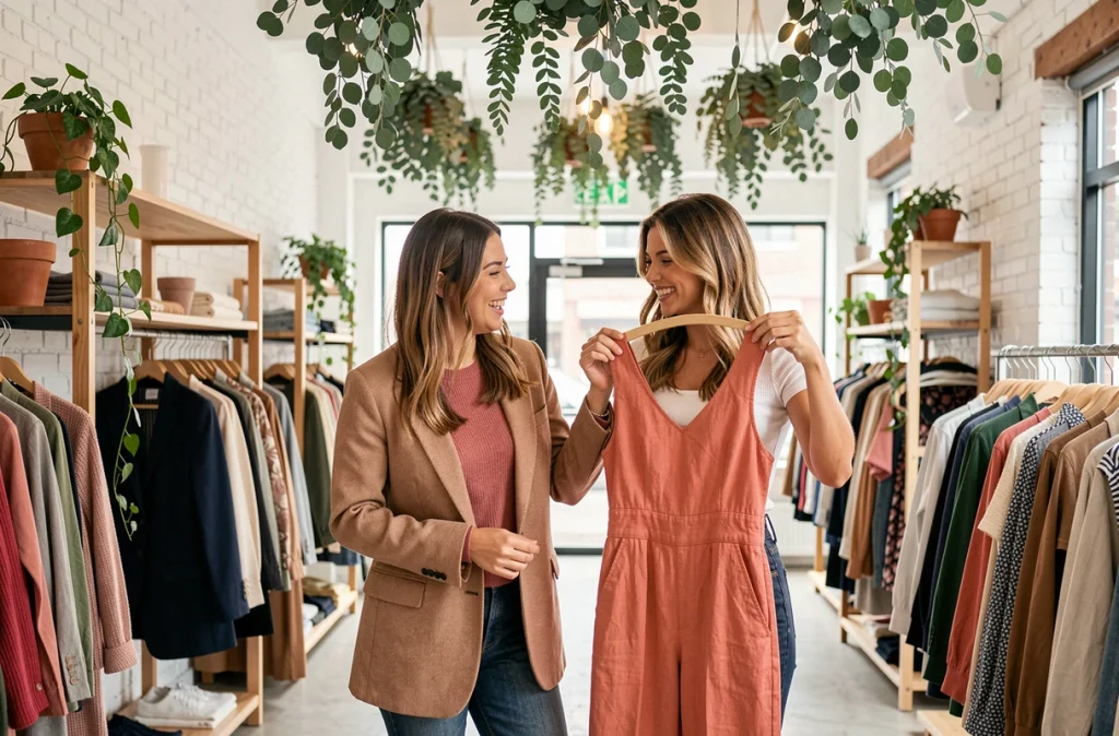 Deux femmes découvrant des tenues tendance printemps dans une boutique de mode lumineuse avec décoration en eucalyptus